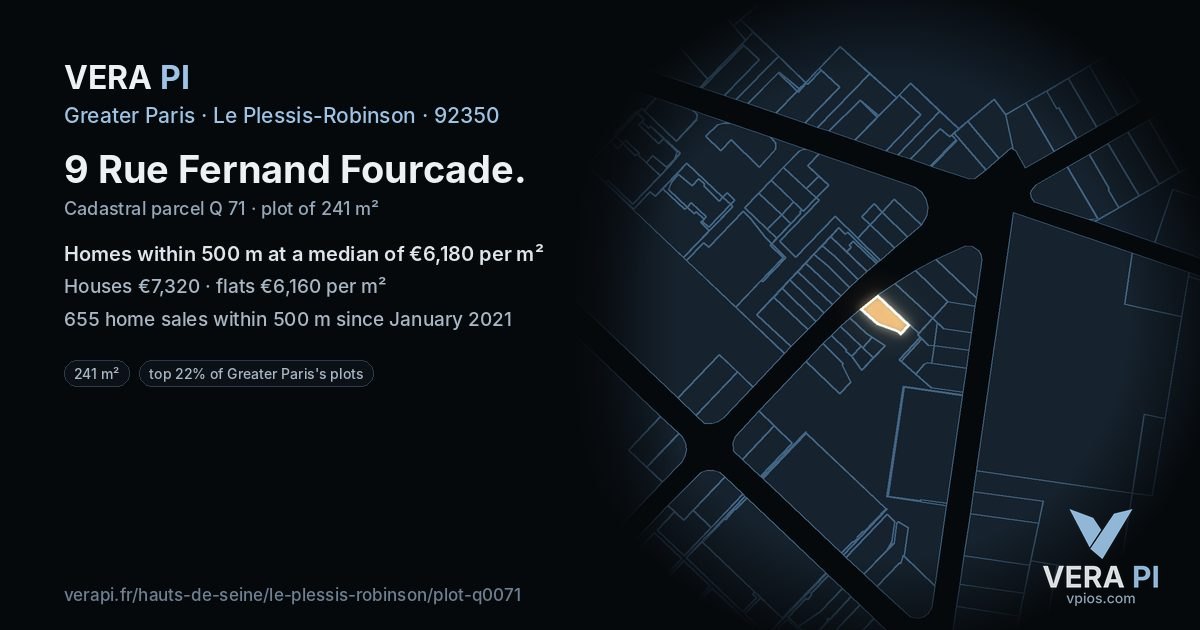 9 Rue Fernand Fourcade, Le Plessis-Robinson at night – the plot lit, the parcels around coloured by the prices near them