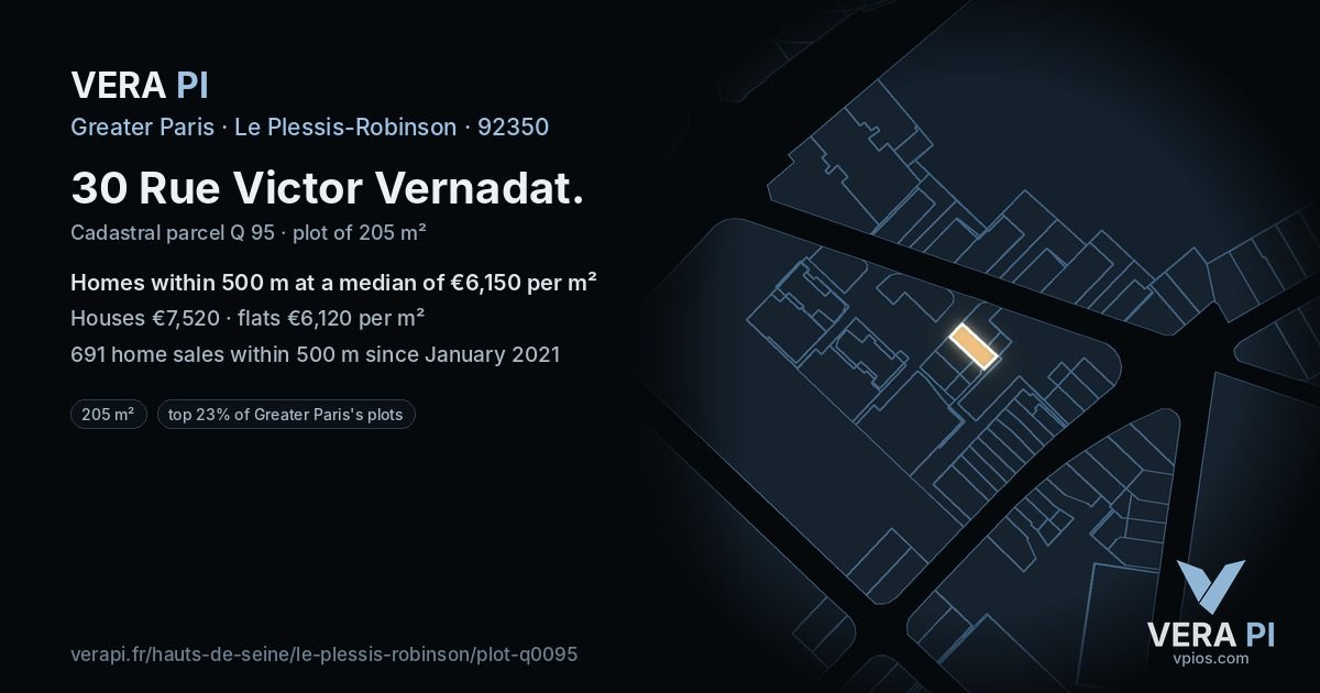 30 Rue Victor Vernadat, Le Plessis-Robinson at night – the plot lit, the parcels around coloured by the prices near them