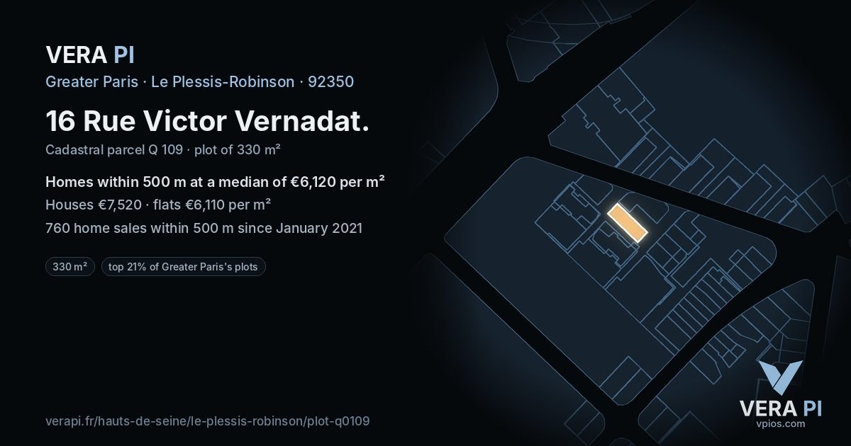 16 Rue Victor Vernadat, Le Plessis-Robinson at night – the plot lit, the parcels around coloured by the prices near them