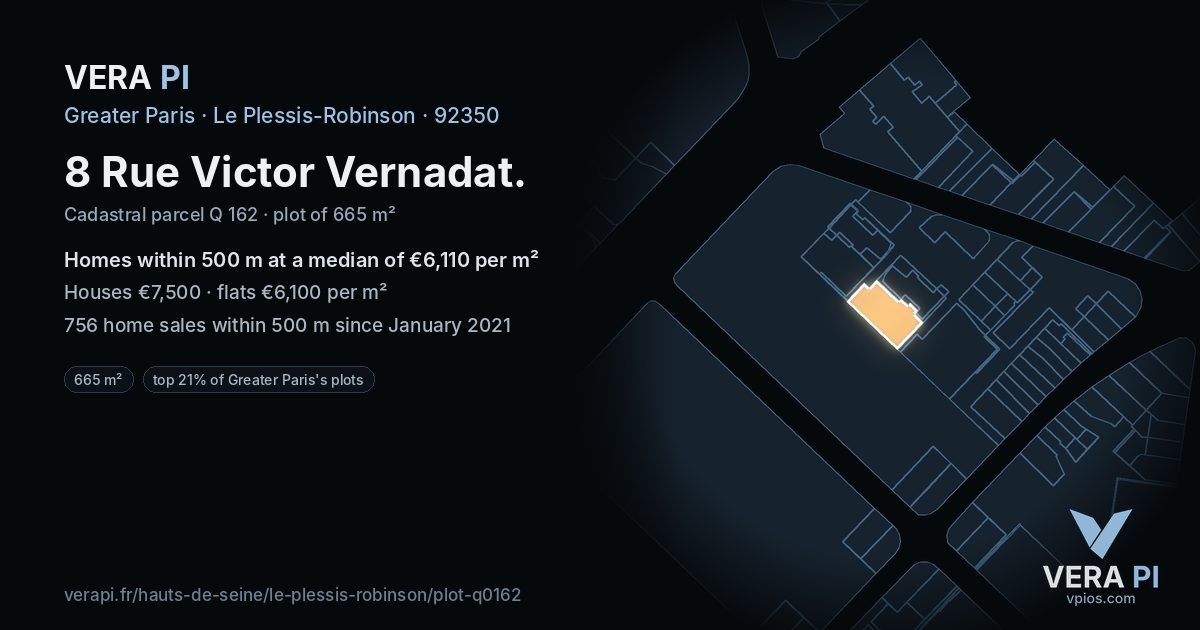 8 Rue Victor Vernadat, Le Plessis-Robinson at night – the plot lit, the parcels around coloured by the prices near them