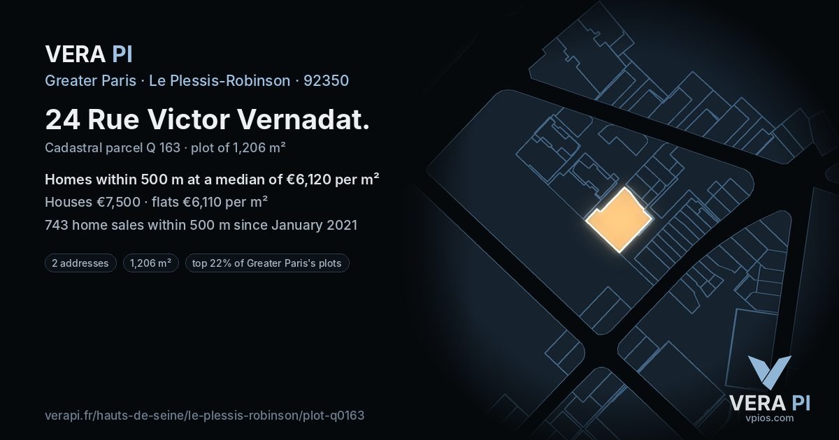 24 Rue Victor Vernadat, Le Plessis-Robinson at night – the plot lit, the parcels around coloured by the prices near them
