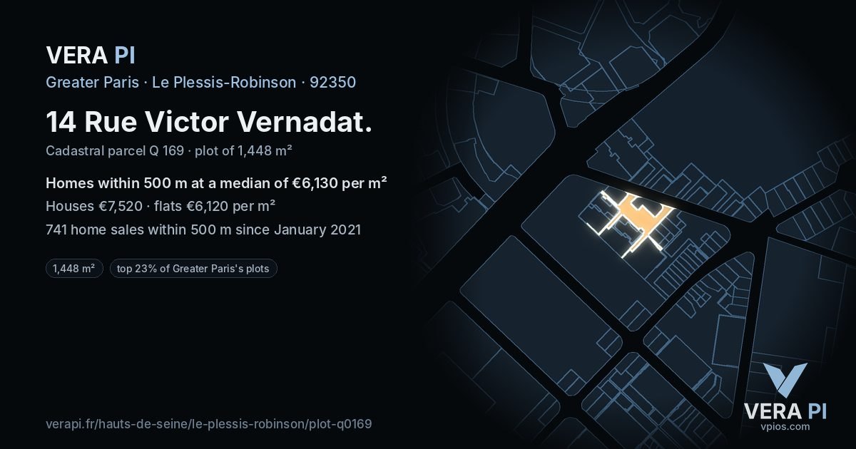 14 Rue Victor Vernadat, Le Plessis-Robinson at night – the plot lit, the parcels around coloured by the prices near them