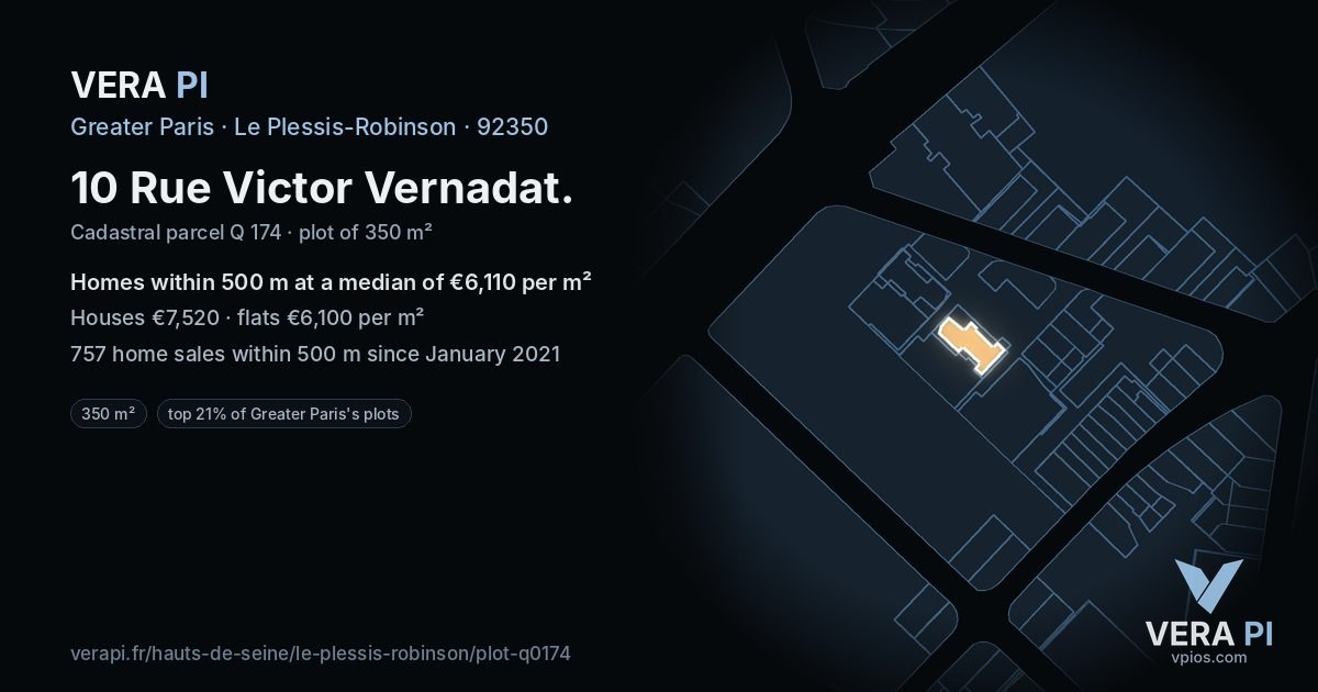 10 Rue Victor Vernadat, Le Plessis-Robinson at night – the plot lit, the parcels around coloured by the prices near them