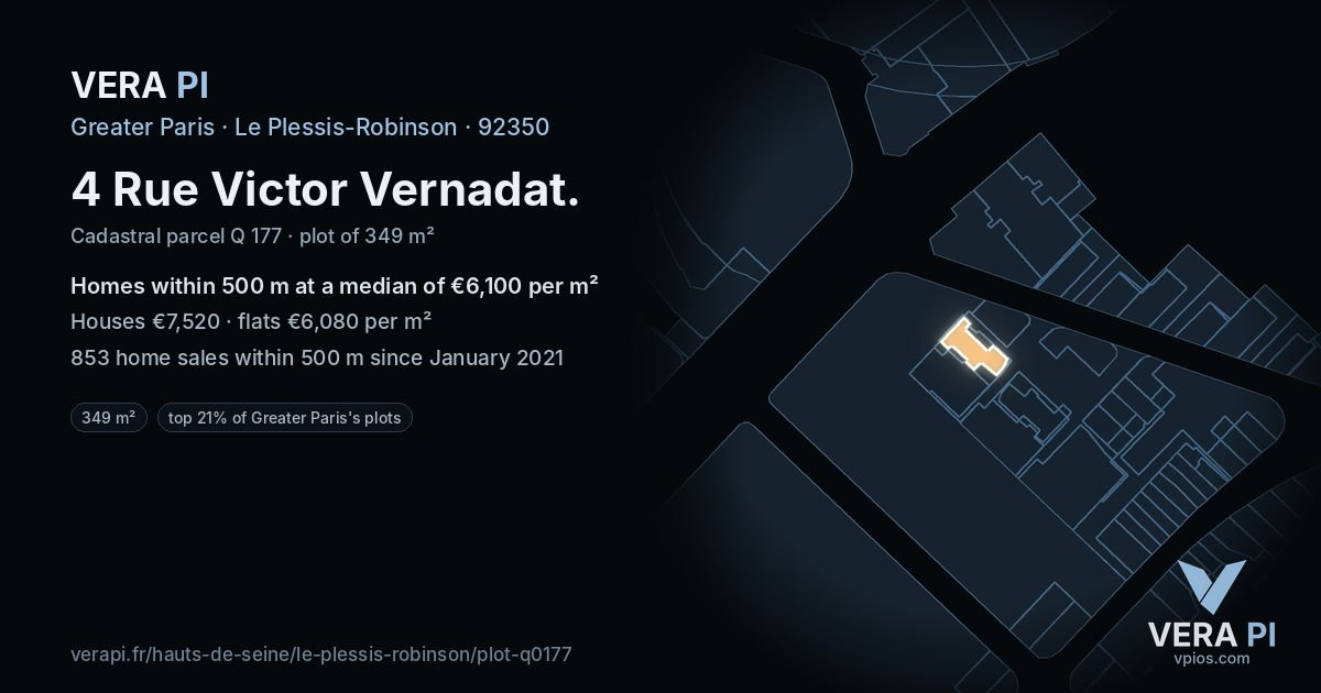 4 Rue Victor Vernadat, Le Plessis-Robinson at night – the plot lit, the parcels around coloured by the prices near them