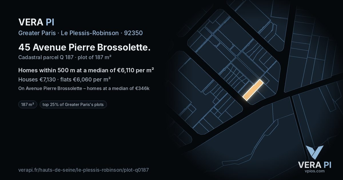 45 Avenue Pierre Brossolette, Le Plessis-Robinson at night – the plot lit, the parcels around coloured by the prices near them