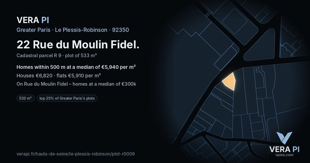 22 Rue du Moulin Fidel, Le Plessis-Robinson at night – the plot lit, the parcels around coloured by the prices near them