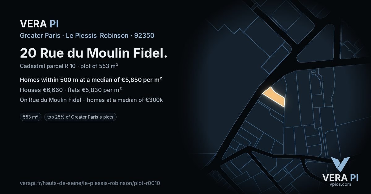 20 Rue du Moulin Fidel, Le Plessis-Robinson at night – the plot lit, the parcels around coloured by the prices near them