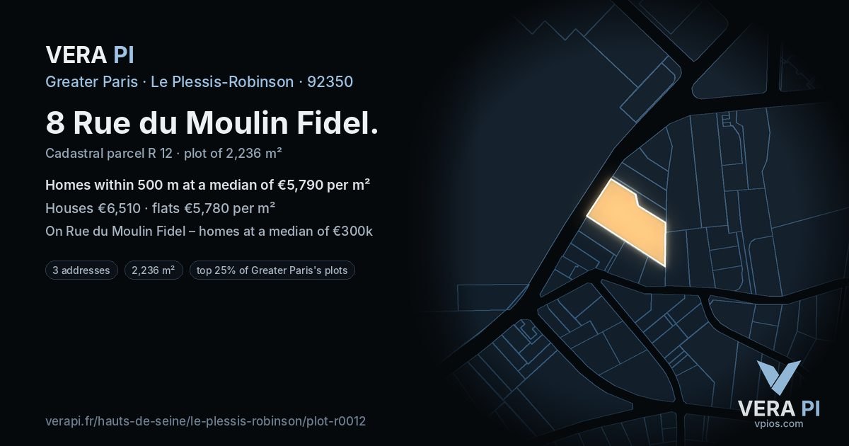 8 Rue du Moulin Fidel, Le Plessis-Robinson at night – the plot lit, the parcels around coloured by the prices near them