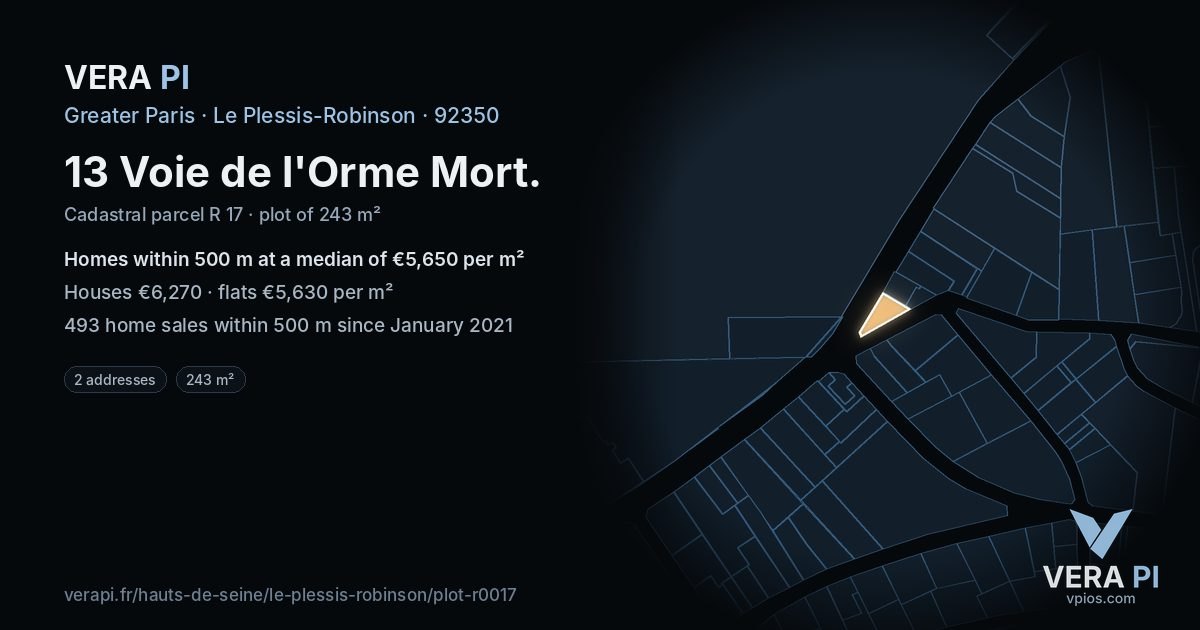 13 Voie de l'Orme Mort, Le Plessis-Robinson at night – the plot lit, the parcels around coloured by the prices near them