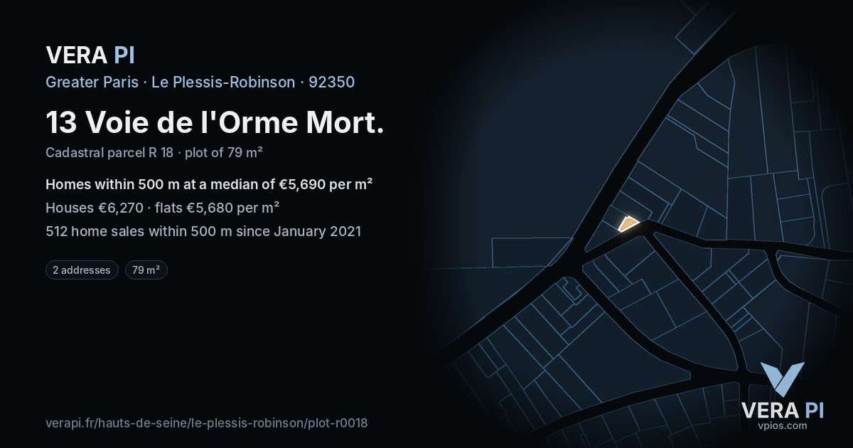 13 Voie de l'Orme Mort, Le Plessis-Robinson at night – the plot lit, the parcels around coloured by the prices near them