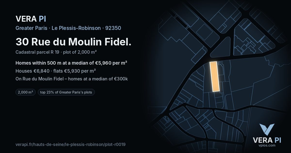 30 Rue du Moulin Fidel, Le Plessis-Robinson at night – the plot lit, the parcels around coloured by the prices near them