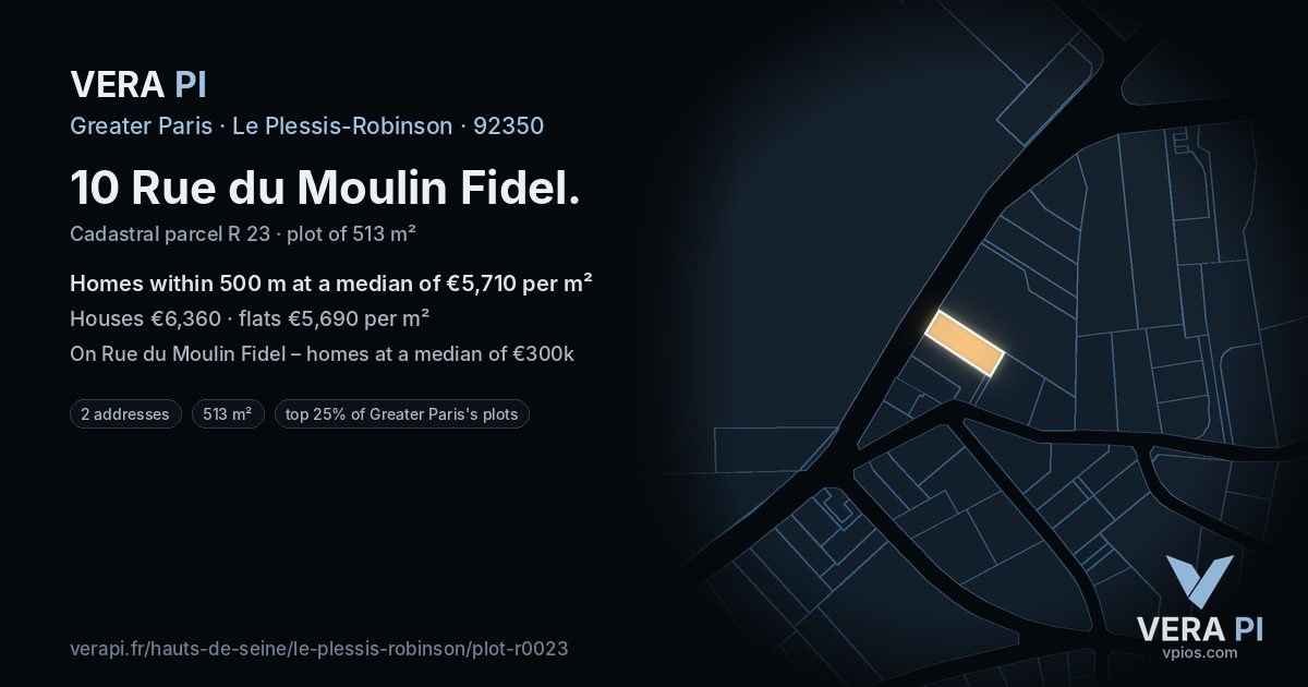 10 Rue du Moulin Fidel, Le Plessis-Robinson at night – the plot lit, the parcels around coloured by the prices near them