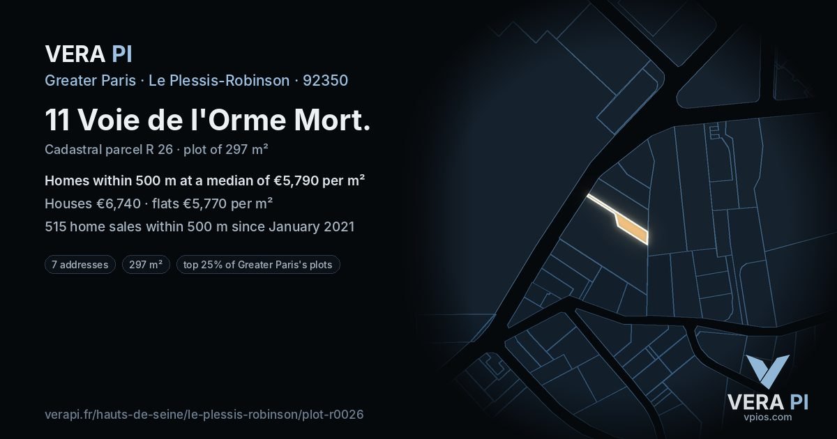 11 Voie de l'Orme Mort, Le Plessis-Robinson at night – the plot lit, the parcels around coloured by the prices near them