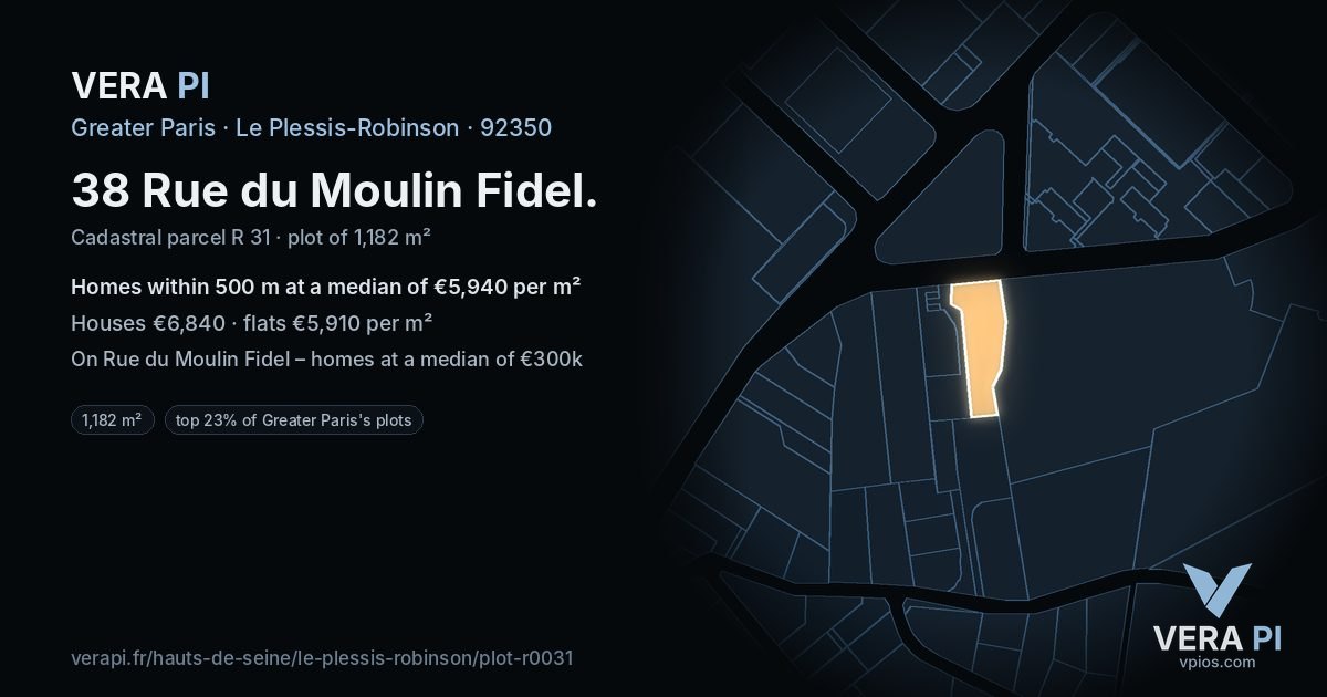38 Rue du Moulin Fidel, Le Plessis-Robinson at night – the plot lit, the parcels around coloured by the prices near them
