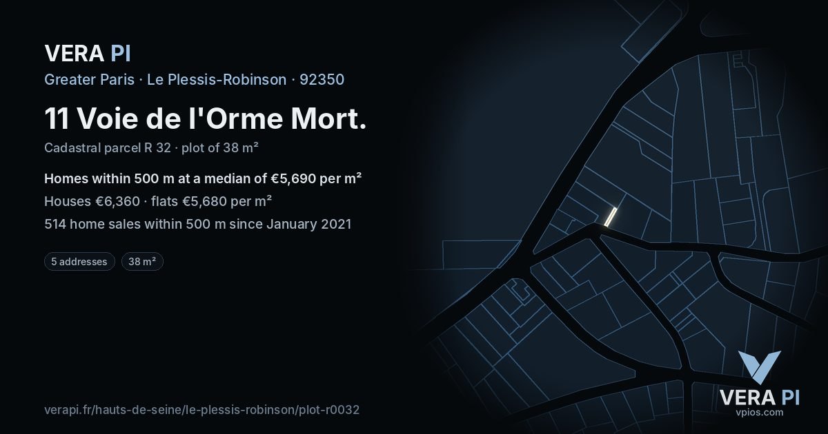 11 Voie de l'Orme Mort, Le Plessis-Robinson at night – the plot lit, the parcels around coloured by the prices near them