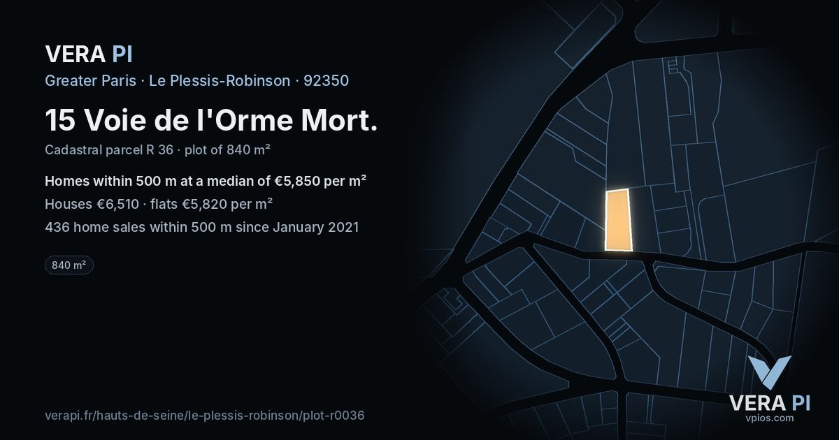 15 Voie de l'Orme Mort, Le Plessis-Robinson at night – the plot lit, the parcels around coloured by the prices near them