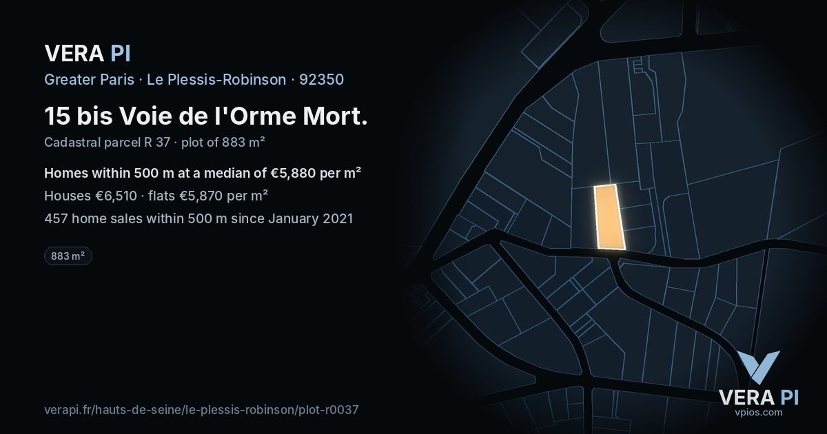 15 bis Voie de l'Orme Mort, Le Plessis-Robinson at night – the plot lit, the parcels around coloured by the prices near them