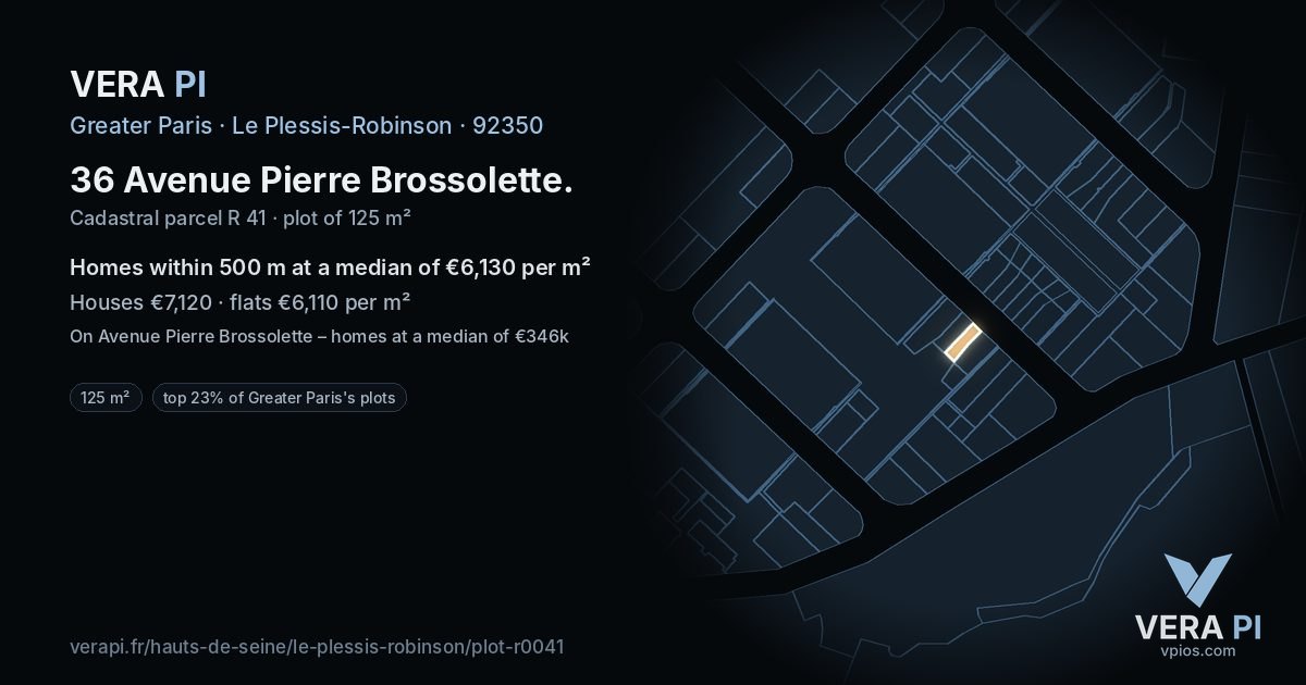 36 Avenue Pierre Brossolette, Le Plessis-Robinson at night – the plot lit, the parcels around coloured by the prices near them