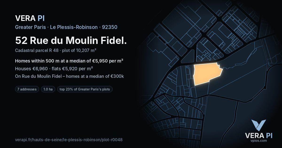 52 Rue du Moulin Fidel, Le Plessis-Robinson at night – the plot lit, the parcels around coloured by the prices near them