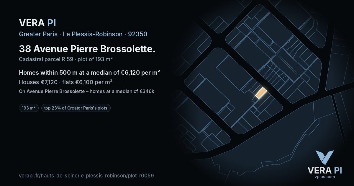 38 Avenue Pierre Brossolette, Le Plessis-Robinson at night – the plot lit, the parcels around coloured by the prices near them