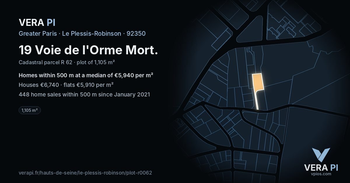 19 Voie de l'Orme Mort, Le Plessis-Robinson at night – the plot lit, the parcels around coloured by the prices near them