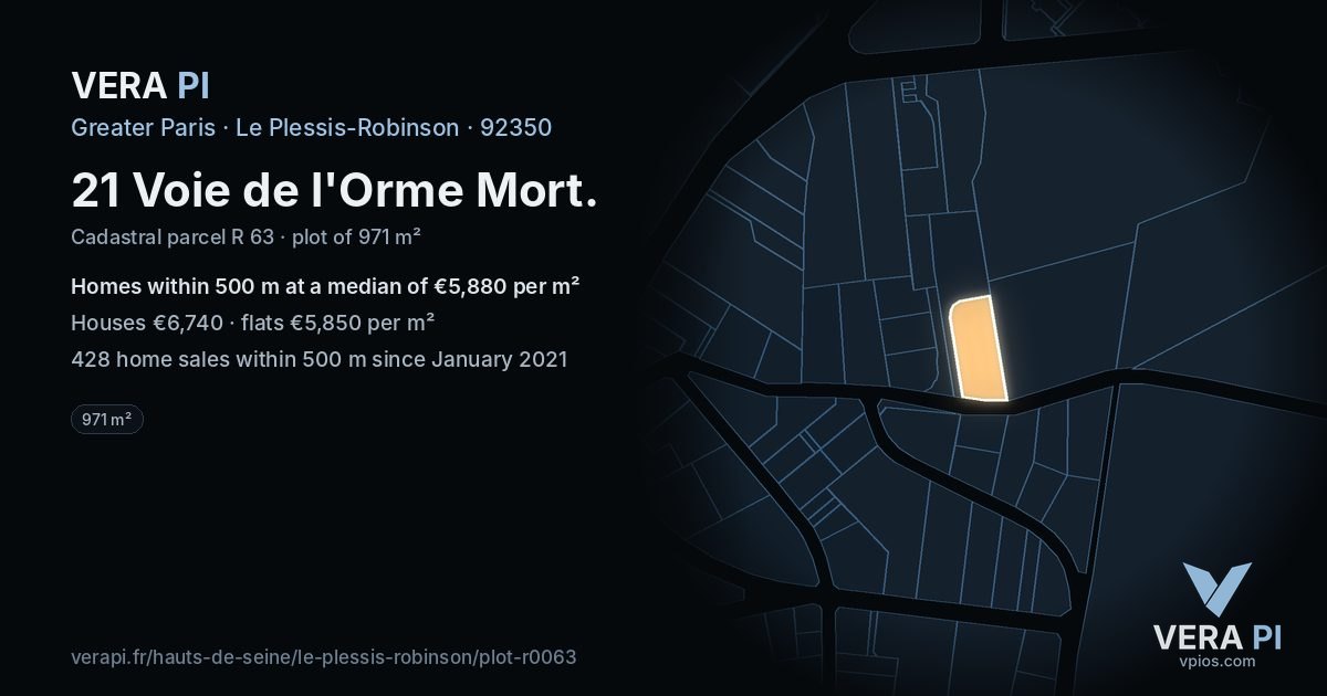 21 Voie de l'Orme Mort, Le Plessis-Robinson at night – the plot lit, the parcels around coloured by the prices near them