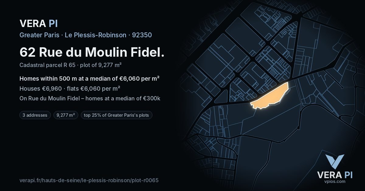 62 Rue du Moulin Fidel, Le Plessis-Robinson at night – the plot lit, the parcels around coloured by the prices near them