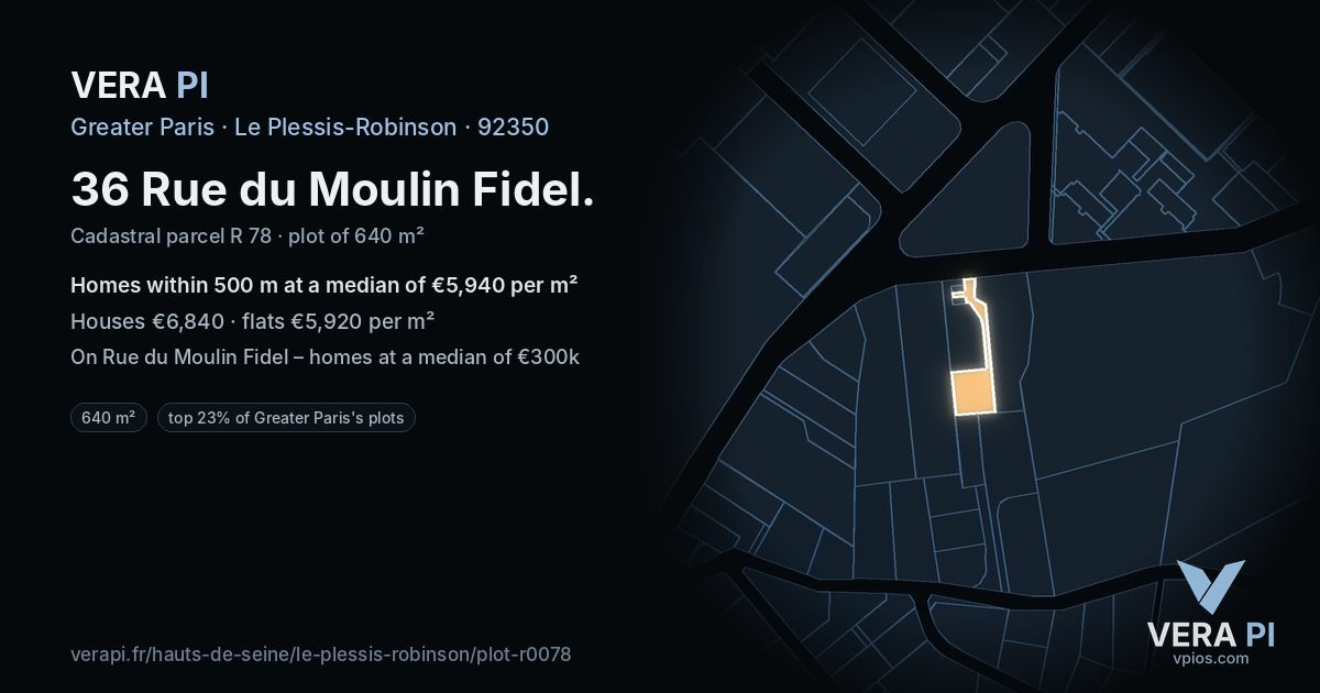 36 Rue du Moulin Fidel, Le Plessis-Robinson at night – the plot lit, the parcels around coloured by the prices near them