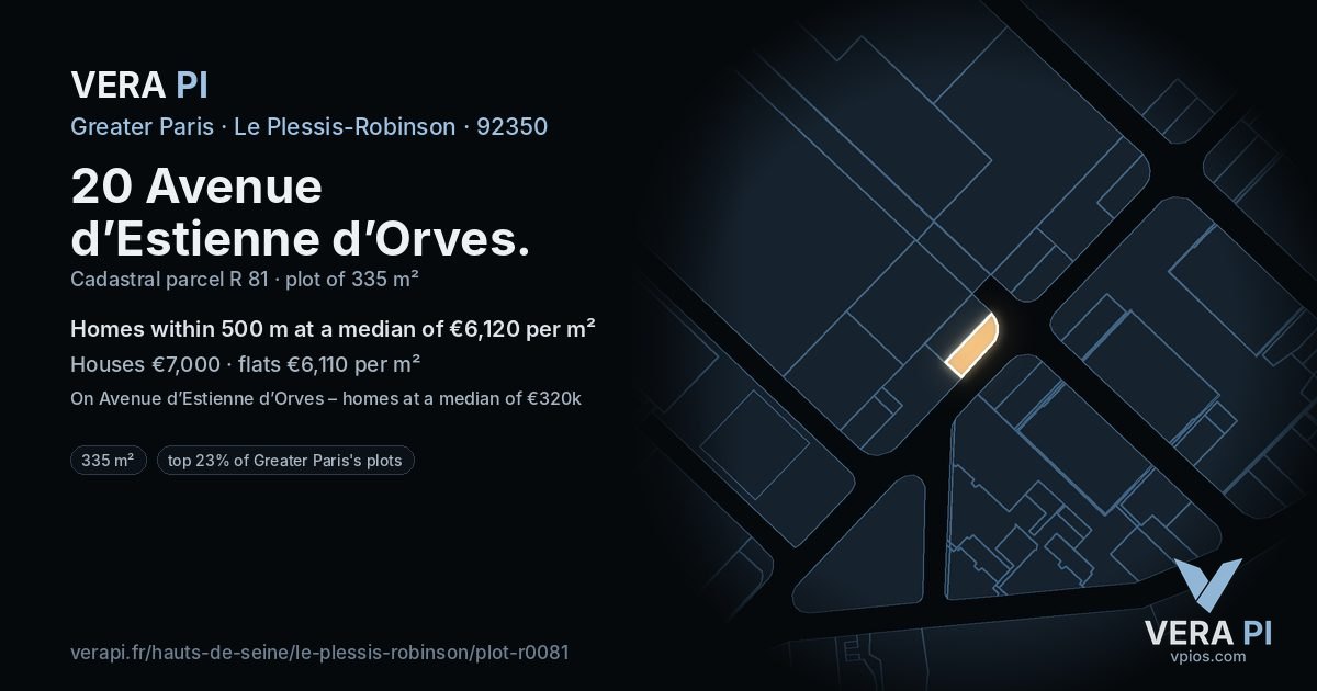 20 Avenue d’Estienne d’Orves, Le Plessis-Robinson at night – the plot lit, the parcels around coloured by the prices near them