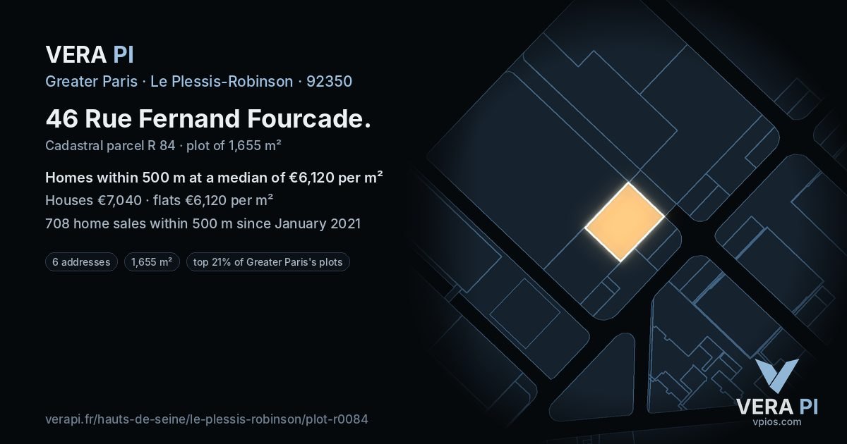 46 Rue Fernand Fourcade, Le Plessis-Robinson at night – the plot lit, the parcels around coloured by the prices near them