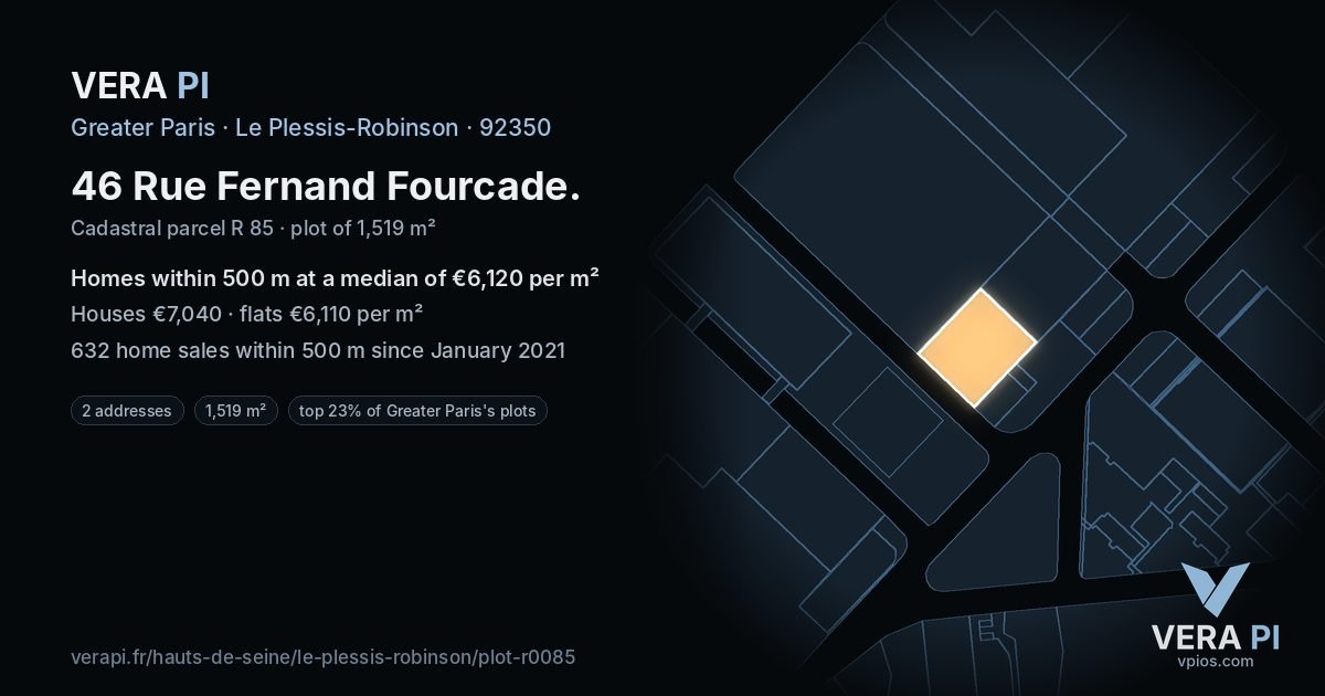 46 Rue Fernand Fourcade, Le Plessis-Robinson at night – the plot lit, the parcels around coloured by the prices near them