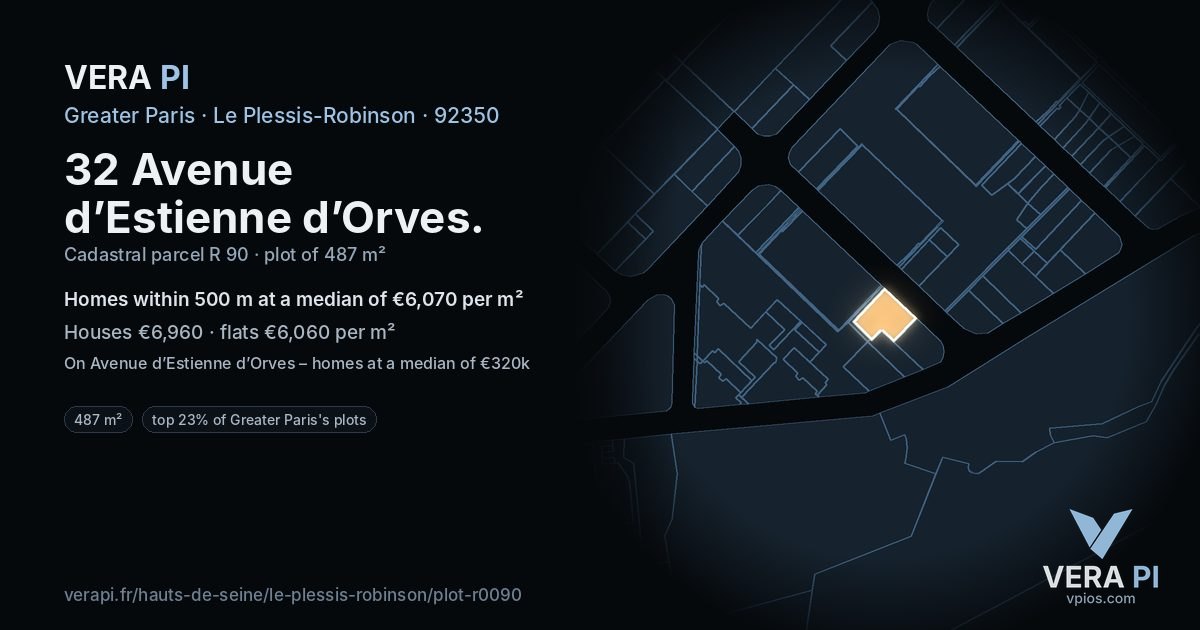 32 Avenue d’Estienne d’Orves, Le Plessis-Robinson at night – the plot lit, the parcels around coloured by the prices near them
