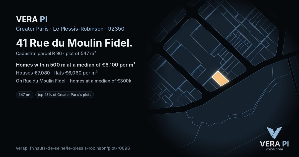 41 Rue du Moulin Fidel, Le Plessis-Robinson at night – the plot lit, the parcels around coloured by the prices near them