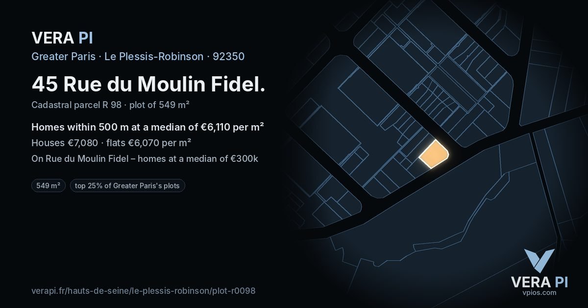 45 Rue du Moulin Fidel, Le Plessis-Robinson at night – the plot lit, the parcels around coloured by the prices near them