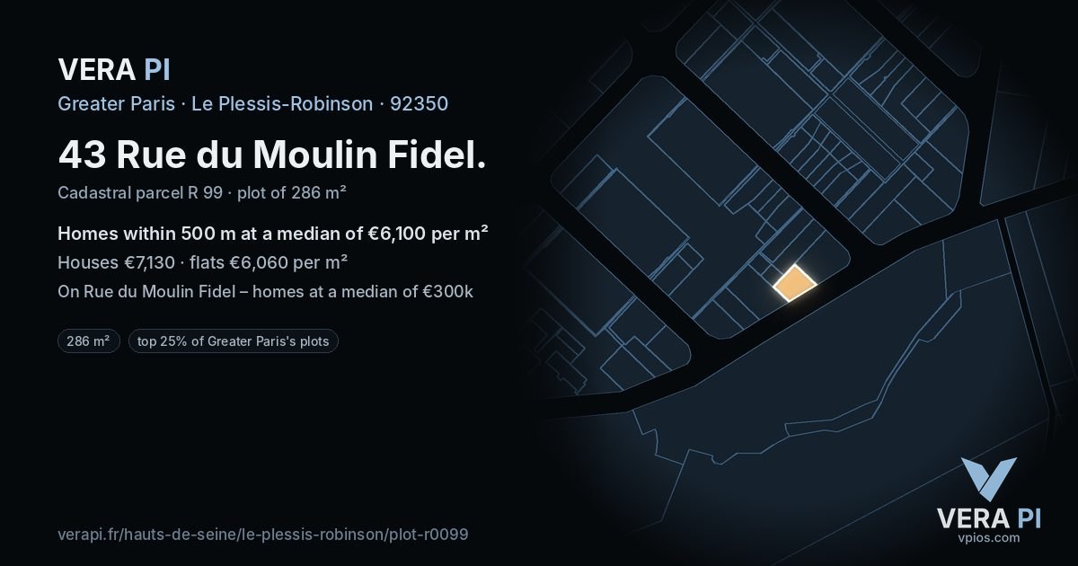 43 Rue du Moulin Fidel, Le Plessis-Robinson at night – the plot lit, the parcels around coloured by the prices near them