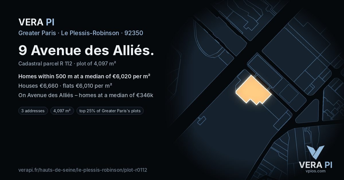 9 Avenue des Alliés, Le Plessis-Robinson at night – the plot lit, the parcels around coloured by the prices near them
