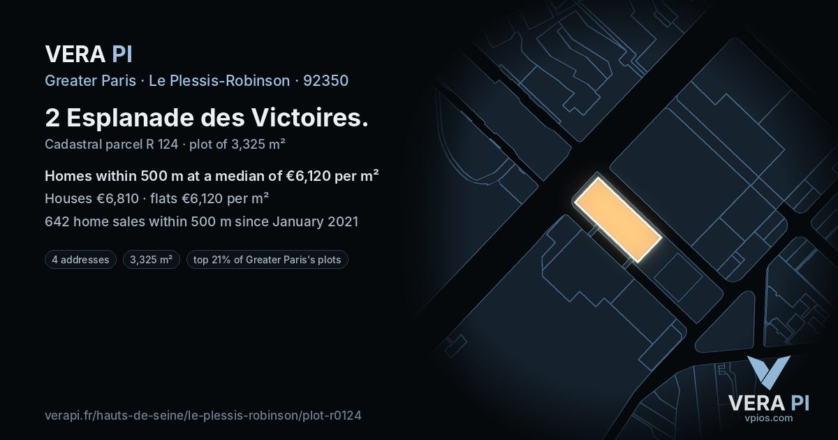 2 Esplanade des Victoires, Le Plessis-Robinson at night – the plot lit, the parcels around coloured by the prices near them