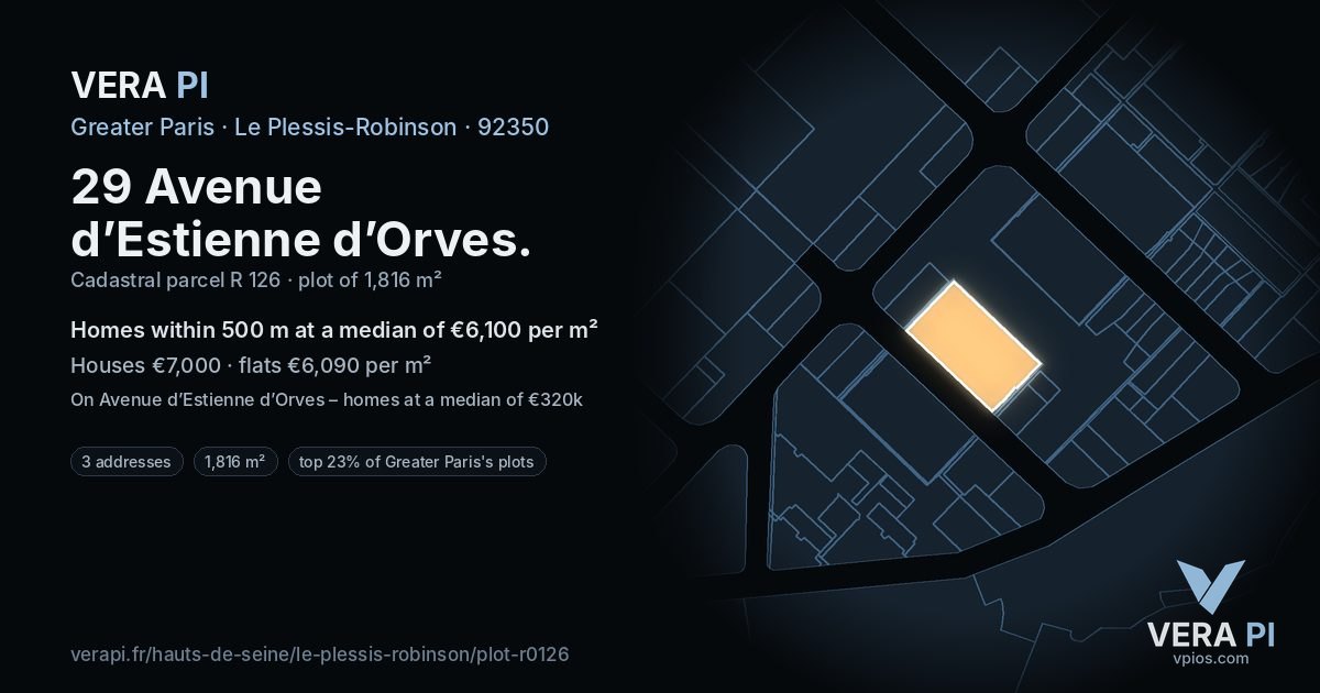 29 Avenue d’Estienne d’Orves, Le Plessis-Robinson at night – the plot lit, the parcels around coloured by the prices near them