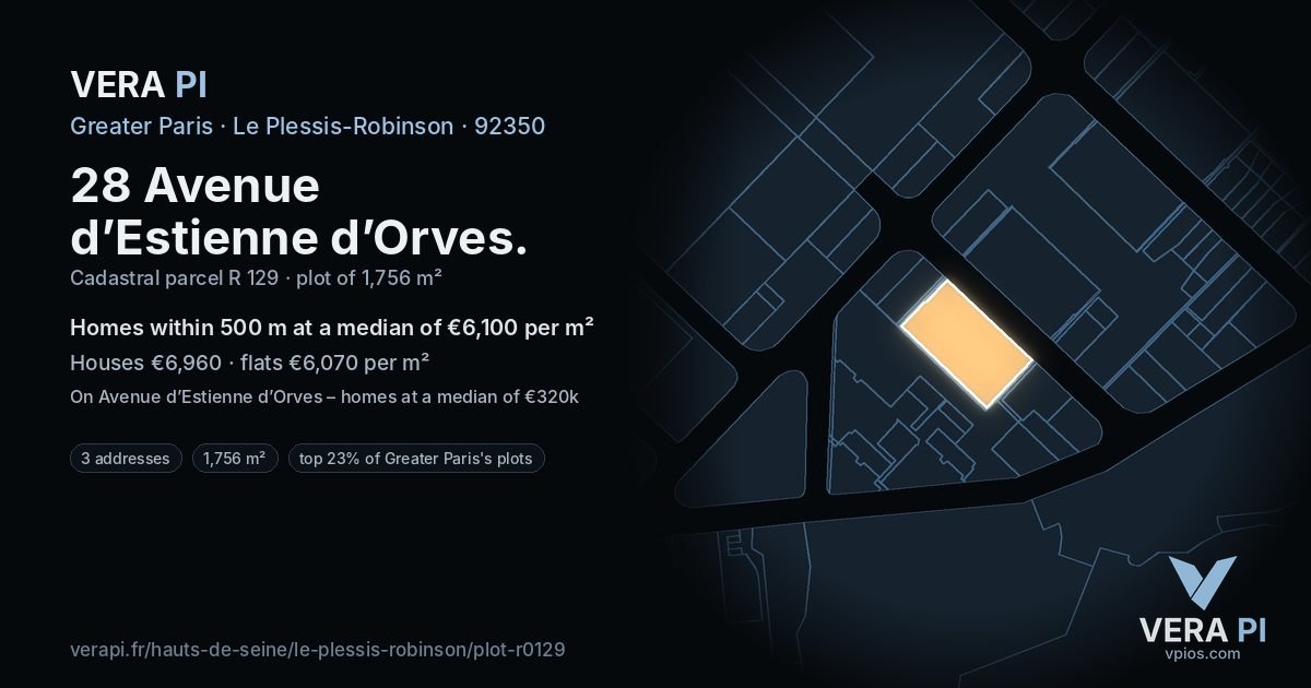 28 Avenue d’Estienne d’Orves, Le Plessis-Robinson at night – the plot lit, the parcels around coloured by the prices near them