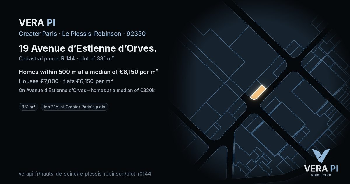 19 Avenue d’Estienne d’Orves, Le Plessis-Robinson at night – the plot lit, the parcels around coloured by the prices near them