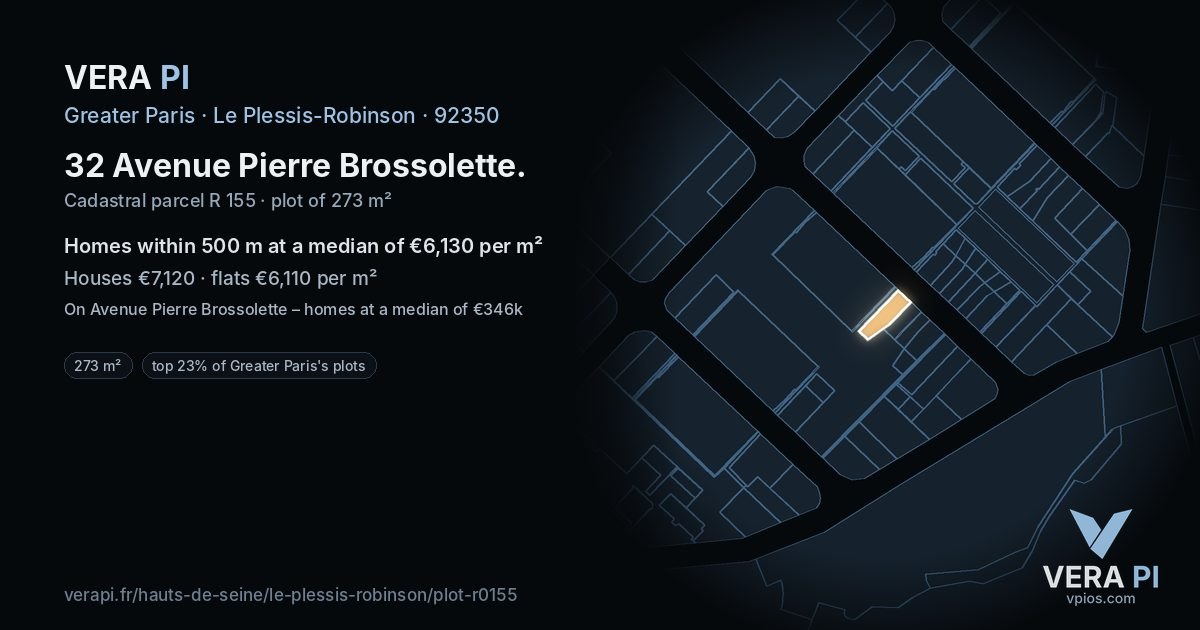 32 Avenue Pierre Brossolette, Le Plessis-Robinson at night – the plot lit, the parcels around coloured by the prices near them