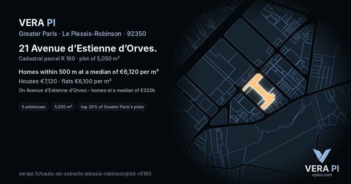 21 Avenue d’Estienne d’Orves, Le Plessis-Robinson at night – the plot lit, the parcels around coloured by the prices near them
