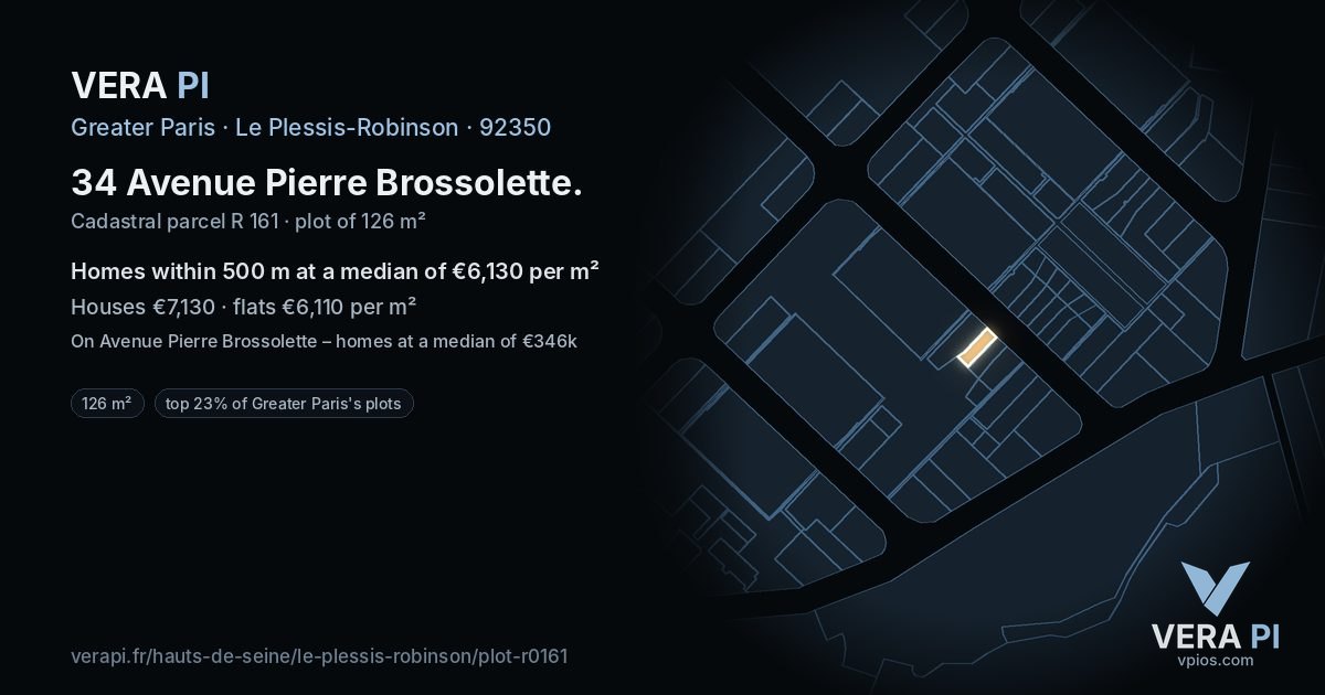 34 Avenue Pierre Brossolette, Le Plessis-Robinson at night – the plot lit, the parcels around coloured by the prices near them