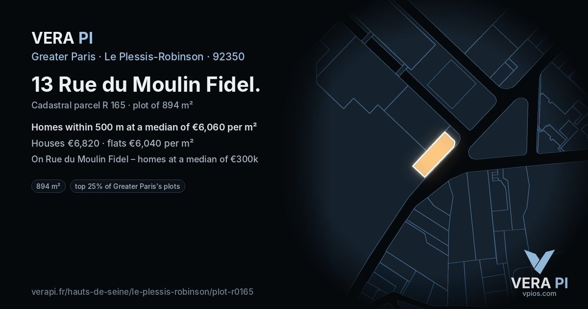 13 Rue du Moulin Fidel, Le Plessis-Robinson at night – the plot lit, the parcels around coloured by the prices near them