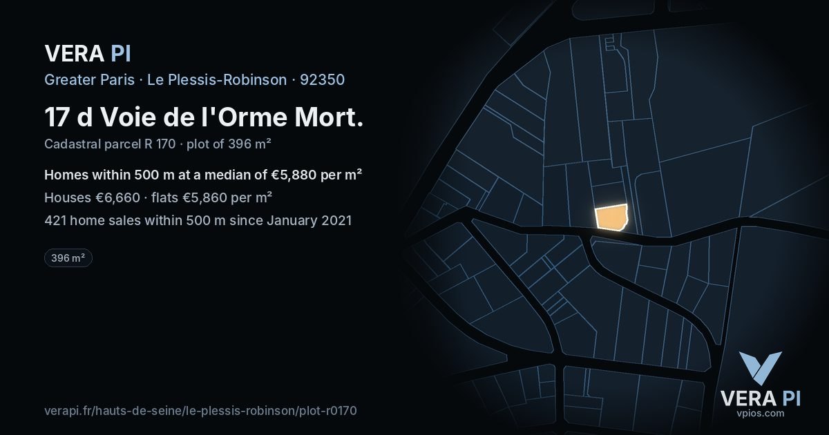 17 d Voie de l'Orme Mort, Le Plessis-Robinson at night – the plot lit, the parcels around coloured by the prices near them