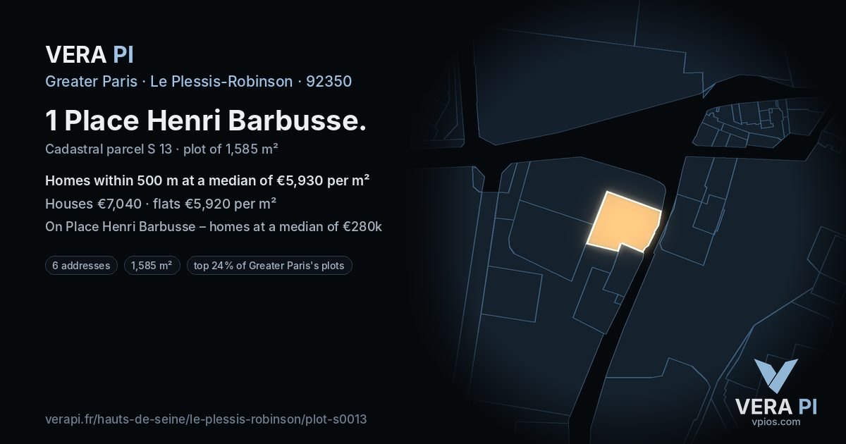 1 Place Henri Barbusse, Le Plessis-Robinson at night – the plot lit, the parcels around coloured by the prices near them