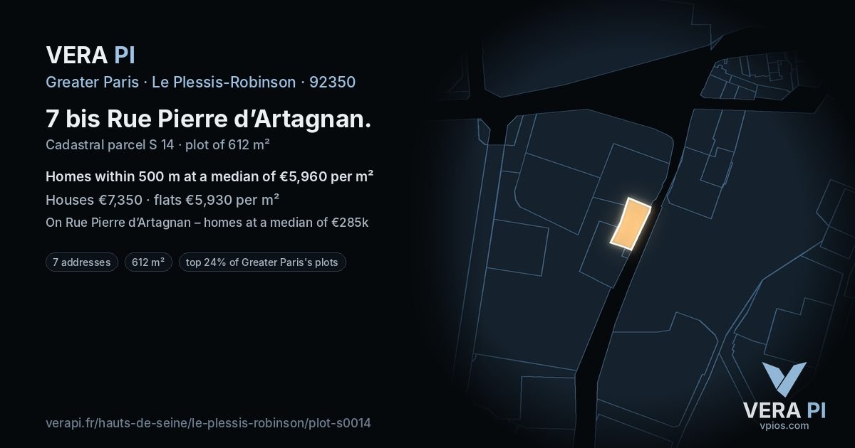 7 bis Rue Pierre d’Artagnan, Le Plessis-Robinson at night – the plot lit, the parcels around coloured by the prices near them