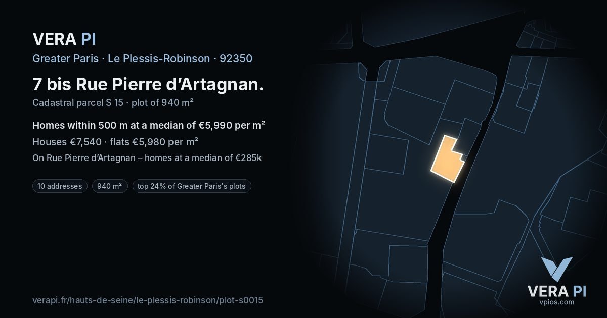 7 bis Rue Pierre d’Artagnan, Le Plessis-Robinson at night – the plot lit, the parcels around coloured by the prices near them