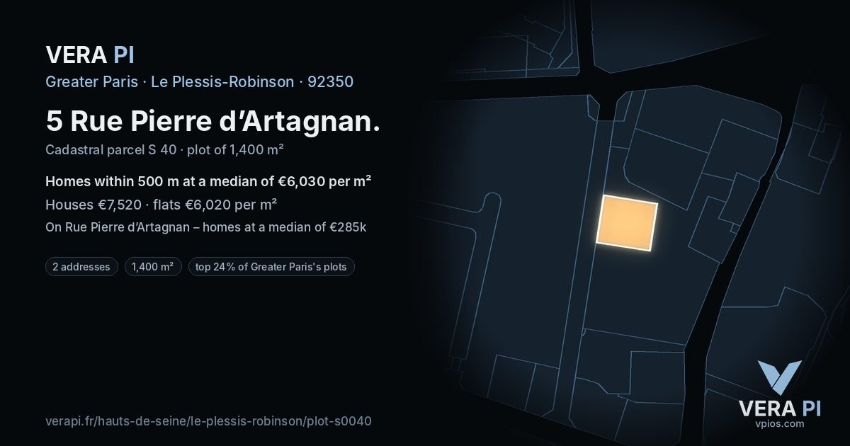 5 Rue Pierre d’Artagnan, Le Plessis-Robinson at night – the plot lit, the parcels around coloured by the prices near them