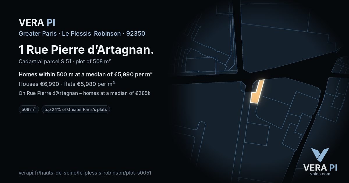 1 Rue Pierre d’Artagnan, Le Plessis-Robinson at night – the plot lit, the parcels around coloured by the prices near them